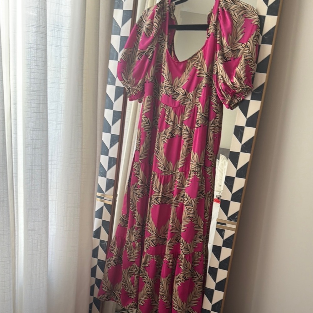 Magenta Leaf-Print Puff Sleeve Midi Dress